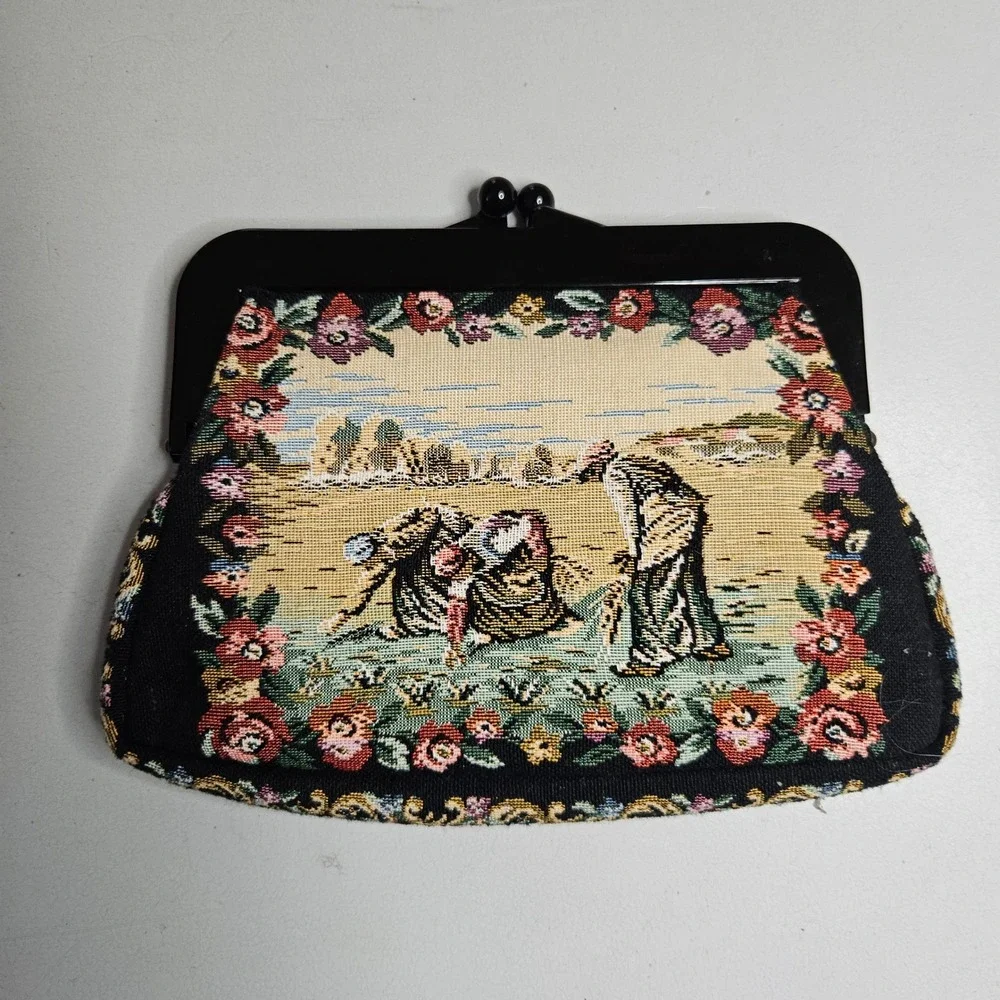 Vintage Walborg Tapestry Clutch Bag Floral Pastoral Scene Kiss Lock Japan - Picture 2 of 8